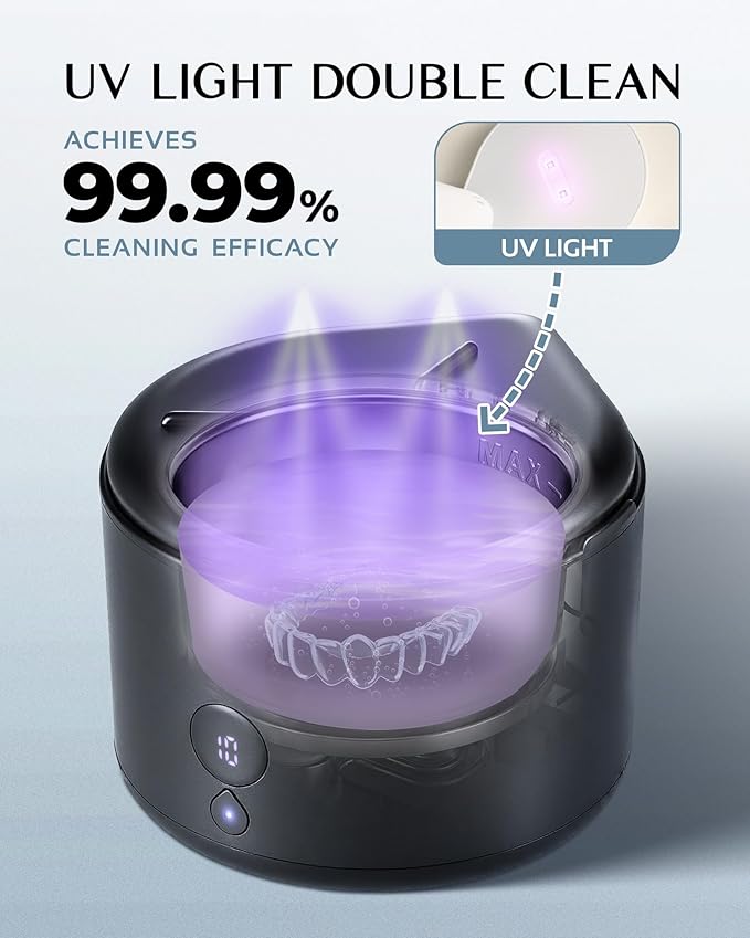 45khz Ultrasonic Retainer Cleaner Machine, Dental Cleaning Pod with 4 Modes & Digital Timer, Mouthguard Cleaner for Dentures, Aligners, Mouth Guards, Night Guards, Jewelry
