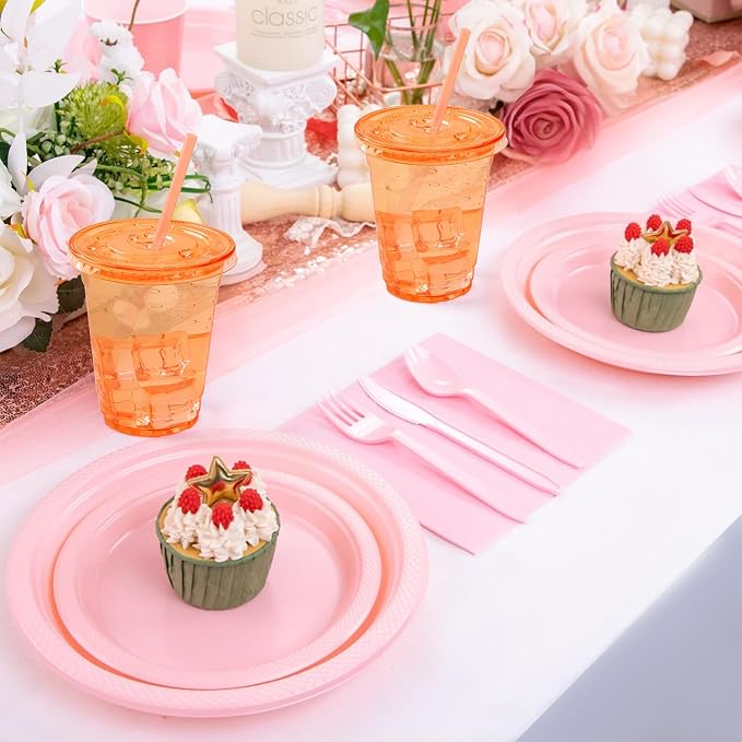 100 Set Orange Plastic Cups with Lids and Straws 12 oz Disposable Drinking Clear Cups for Wedding Orange Birthday Party Supplies