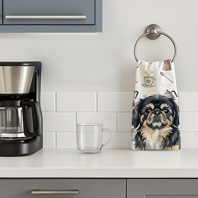 Caroline's Treasures Black and Tan Pekingese Coffee Bar Kitchen Towel Velour Plush Front and Cotton Loop Back Machine Washable