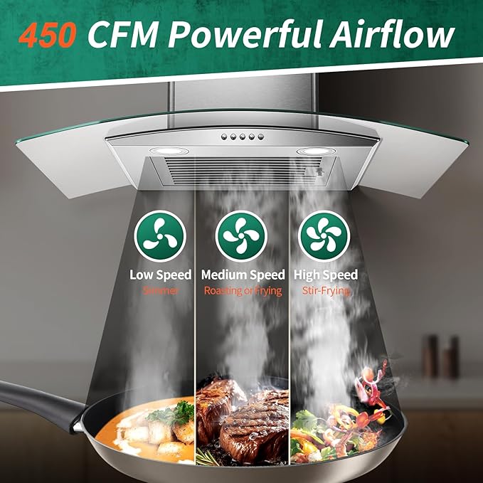 Range Hood 30 Inch, Tieasy Wall Mount Kitchen Hood with Ducted/Ductless Convertible Duct, Stainless Steel Chimney and Baffle Filter, 3-Speed Push Button, LED Lights