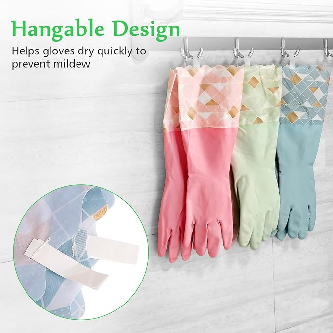 Household Cleaning Gloves 3 Pairs Reusable Dishwashing Gloves Latex Free, Non-Slip Kitchen Glove with Cotton Lined, Waterproof Dish Washing Gloves
