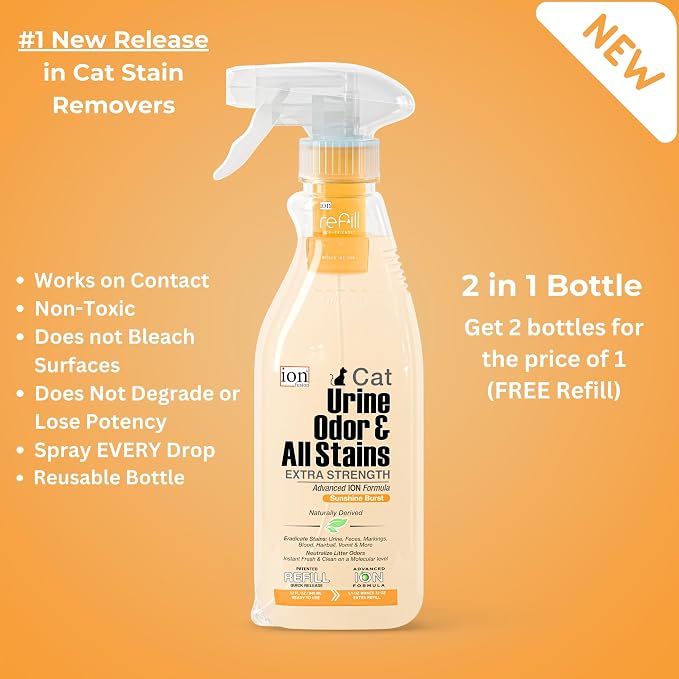 Superior Next-Gen Advanced ION Formula. 2-for-1 Bottle (Free Refill) Cat Urine, Litter, Odor, All Stains. Extra Strength Stain & Odor Removal. Patented | Non-Toxic | Eco-Friendly | Made in USA