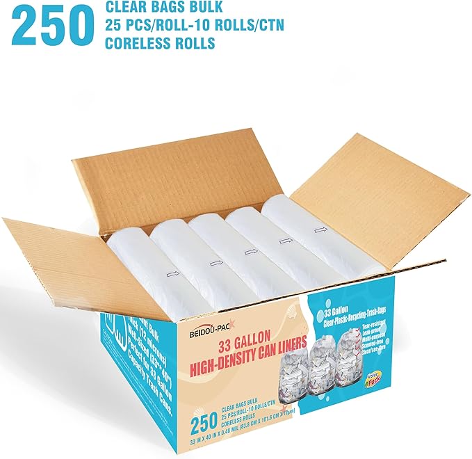 BEIDOU-PAC 33 Gallon Trash Bags, 250 Count Bulk, Heavy Duty Clear Plastic Recycling Garbage Bags, Multi-purpose Can Liners for Business Home Commercial, Industrial Contractors, Storage & Outdoor