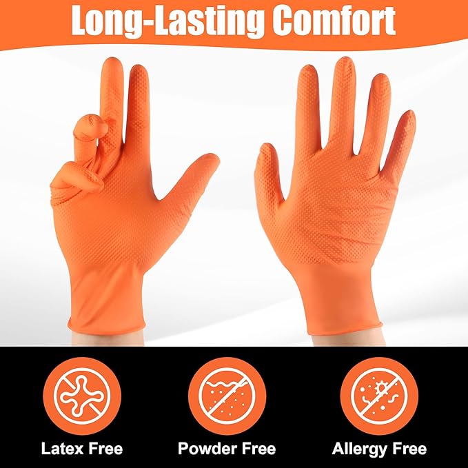 TREEGO Orange Nitrile Gloves 10 Mil Heavy Duty Disposable Latex Free Gloves – Extra Thick Diamond Grip Mechanic Gloves for Heavy Work, XL, 1000 Count Case