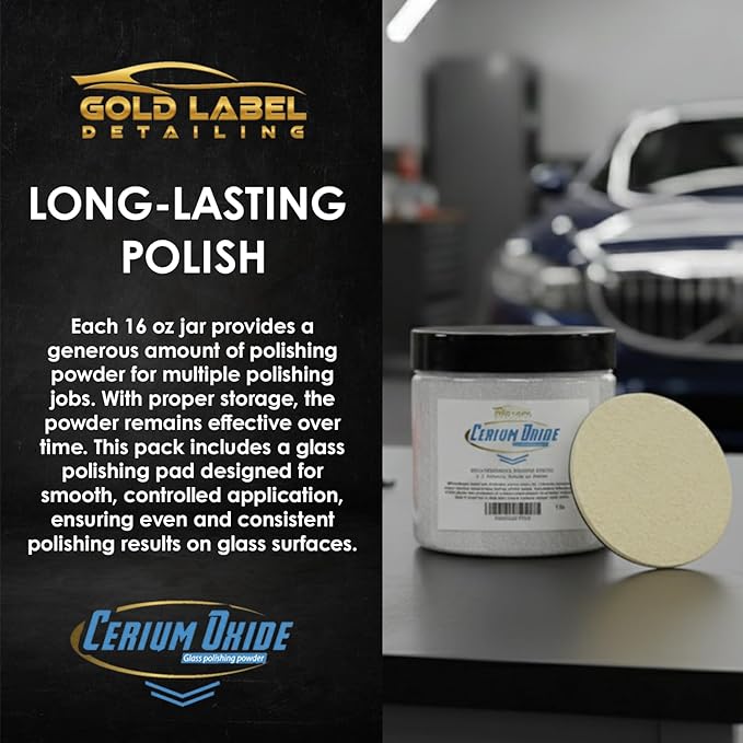Optical Grade Cerium Oxide 1lb Glass Repair Powder | Glass Window and Windshield Repair | Optical Grade, for use with Camera, Scope, Binocular Lens | Remove Scratches and Scuffs (1lb with 3" Pad)