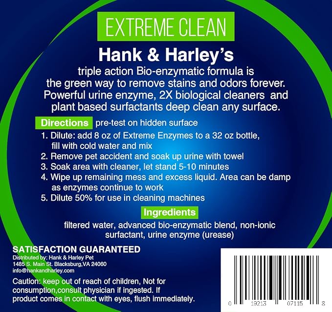 EXTREME ENZYME, PET STAIN & ODOR ELIMINATOR - Concentrate, makes 2 gallons. Triple action bio-enzymatic cleaners and plant based surfactants break down pet mess forever. FRAGRANCE FREE, makes 256 oz