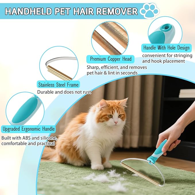 Pet Hair Remover for Carpet, Carpet Rake for Pet Hair Removal with 54" Adjustable Handle, Reusable Dog Hair Remover Broom with Copper Teeth & TPU Brush for Rugs, Couch, Mats and Pet Beds