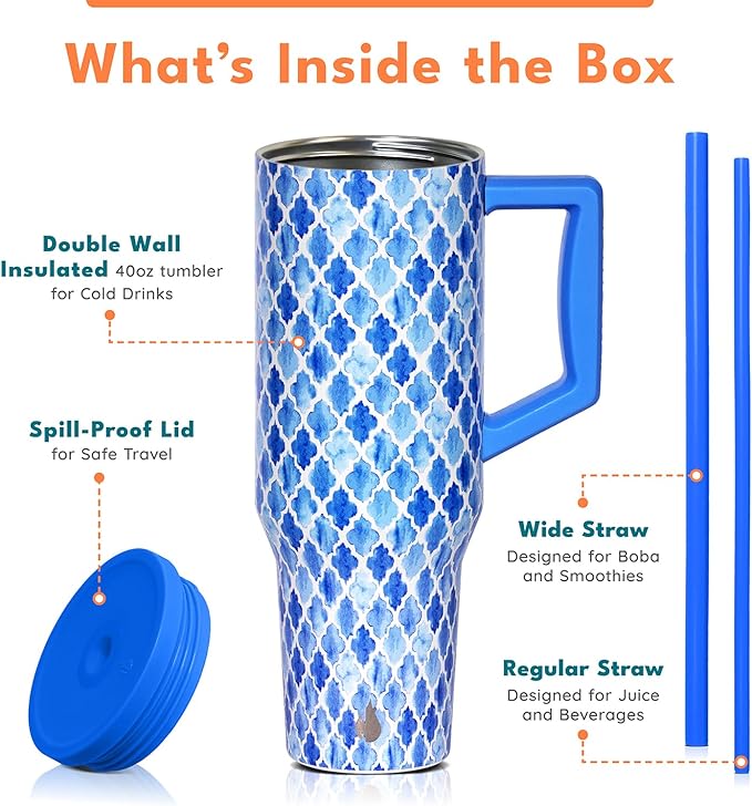 Elemental 40 oz Tumbler with Handle and Straw - Spill Proof Insulated Stainless Steel Commuter for Cold Beverages - Travel Coffee Mug with 2 Straws & Spill Proof Lid - 40oz - Blue Tile