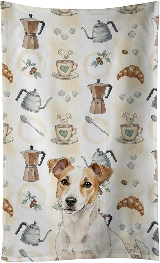 Caroline's Treasures White and Tan Jack Russell Terrier Coffee Bar Kitchen Towel Velour Plush Front and Cotton Loop Back Machine Washable