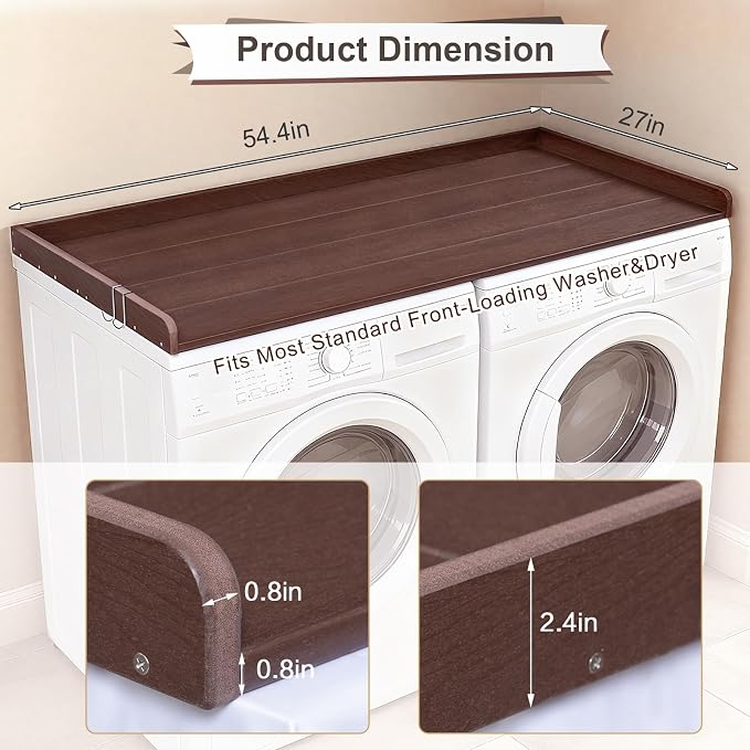 Chortmok Washer Dryer Countertop, HDPE Laundry Countertop with Edge Rails, No-Installation-Brown