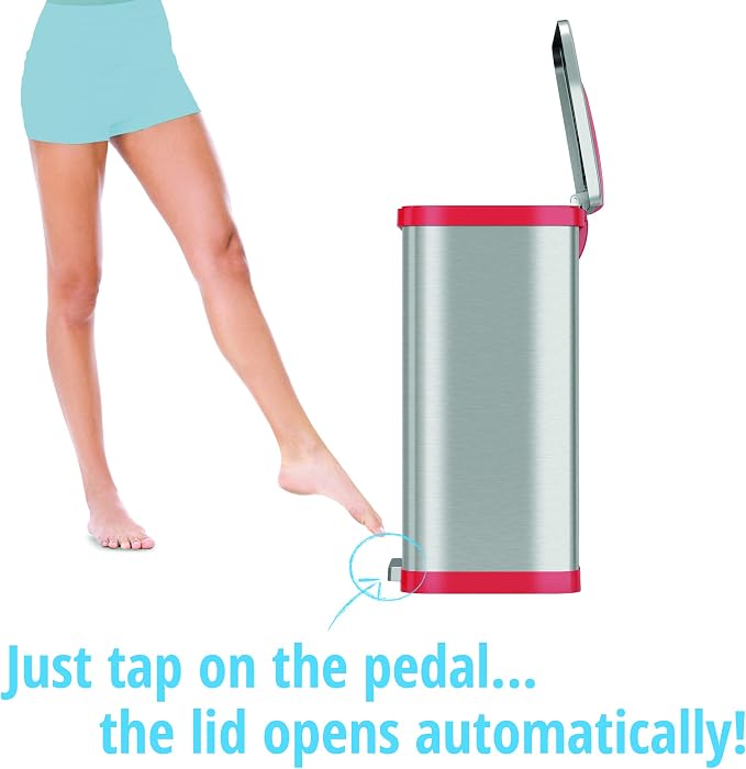 Halo TapCan 13 Gallon Effortless One-Tap Pedal Sensor Trash Can with Odor Filter and AC Adapter-Stainless Steel with Red Trim, Kitchen and Office Garbage Bin (TC13SRAC)