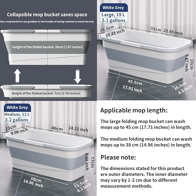 Collapsible Mop Bucket - 19L 5.1 Gallon Rectangular Foldable Water Basin with Dual Handles and Reinforced Base - for Versatile House Cleaning Camping RV Car Washing and Pet Bathing Use
