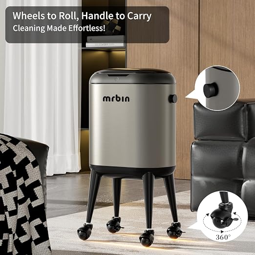 Stainless Steel Slim Bathroom Motion Sensor Trash Can with Lid and Wheels, 13L / 3.4gal Electric Touchless Toilet Waste Basket with Legs for Narrow Vanity, Rvs, Dorm, Kitchen, Eclipse Grey