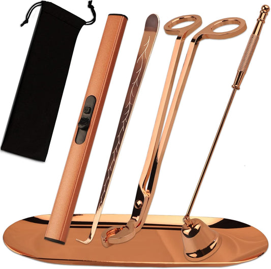5 in 1 Candle Accessory Set, Candle Wick Trimmer Cutter, Candle Snuffer & Candle Wick Dipper,USB Rechargeable Lighter, Storage Tray Plate for Candle Lover Mom Gift, Candle Care Kit (Rose Golden)
