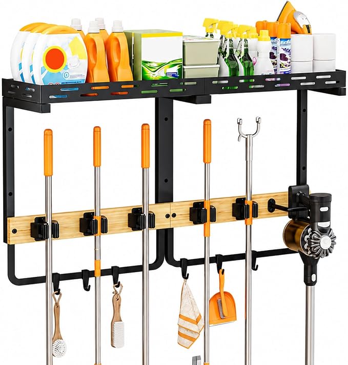 Large Broom Holder Wall Mount with Shelf, Mop Tool Organizer | 5 grippers, 6 hooks, vacuum slot, bamboo board, spray bottle tray, garage utility use