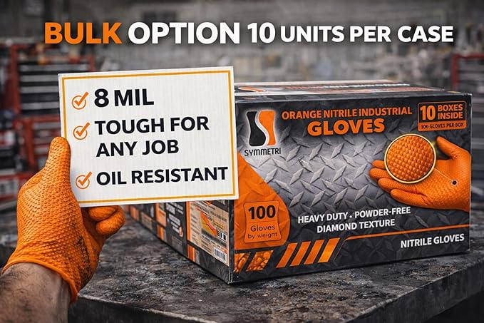 AroCare 8 Mil Orange Nitrile Gloves,3D Raised Diamond Texture-Latex & Powder Free-Industrial, Mechanic