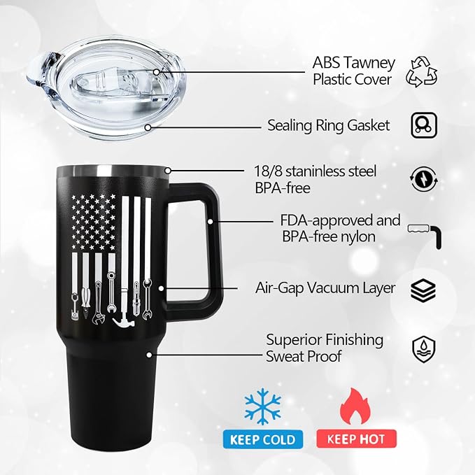 Ceovfoi Mechanic Gifts for Men, 40 oz Mechanic American Flag Stainless Steel Tumbler with Handle Lid and Straw, Mechanic Stuff Supplies Accessories