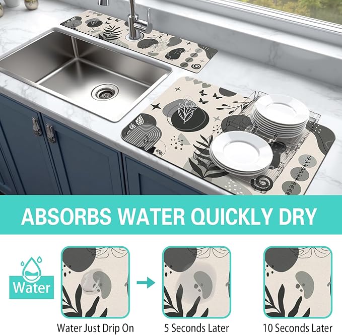 Dish Drying Mat for Kitchen Counter Matt, 2PCS 23"x15" Dish Drainer Mat & 24"x5.5" Sink Splash Guard, Super Absorbent Non-slip Rubber Backed