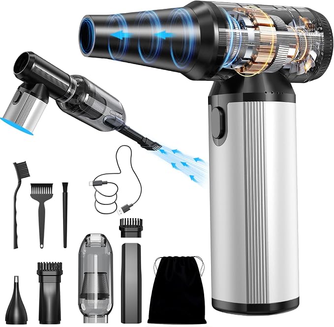 Cordless 2-in-1 Air Duster & Vacuum, Brushless Motor, Long Runtime | for Keyboard, Computer, Home, Car, Outdoor Cleaning, Compressed Air Duster Rechargeable, 3-Gear Adjustable Dust Blower