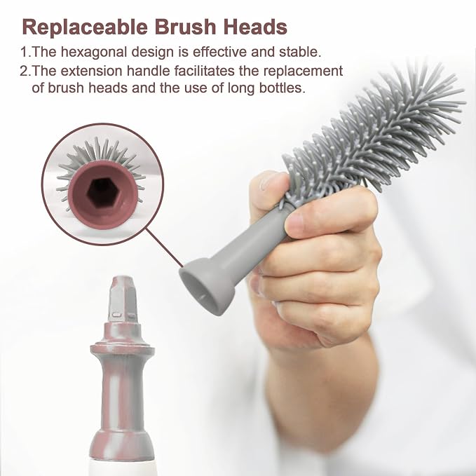 Electric Bottle Brush Set with Electric Bottle Brush Cleaner, 3 Replaceable Baby Bottle Brushes and Extension Handle. Silicone Bottle Brush, Waterproof, Perfect Baby Essentials(Grey)