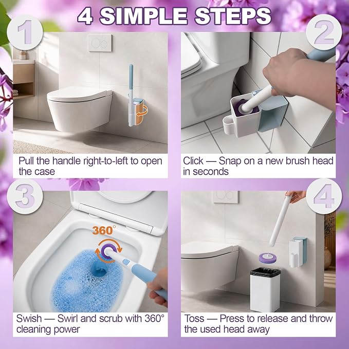 Disposable Toilet Brush with Wall Mounted Holder, Toilet Scrubber Refill | Hands Free Toilet Brush, 1 Wand and Holder with 24 Purple Refills,Bathroom Cleaning for Bathroom/RV, Light Lavender Scent