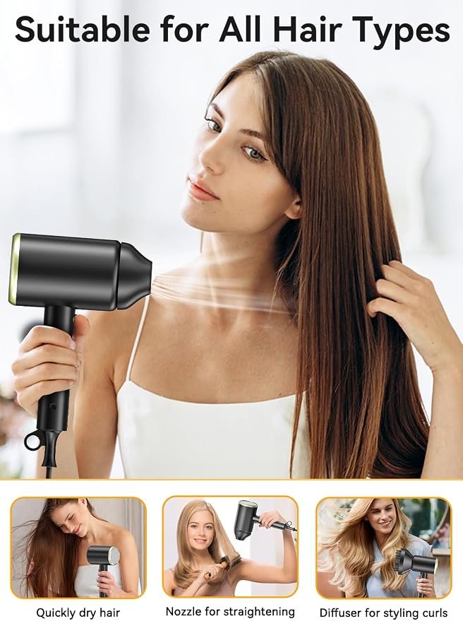 Hair Dryer, 150000RPM Ionic Blow Dryer - Fast Drying, Low Noise, Foldable Portable with Diffuser and Nozzle, Compact Mini for Women and Men, Home and Travel (Black)