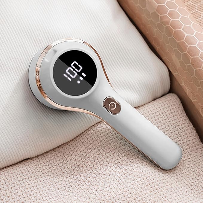 Electric Fabric Shaver Lint Remover, Rechargeable Electric Portable Sweater Defuzzer with Digital Display, Adjustable 6 Leaf Blades Lint Remover for Clothes Furniture (White)