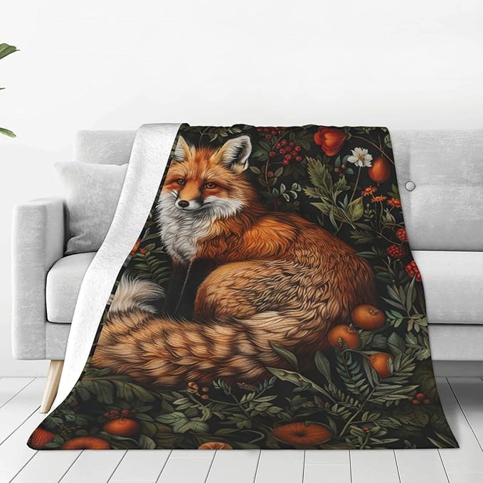 Fox Vintage Forest Decor Throw Blanket - Comfy Plush Flannel Fleece Warm Soft Fluffy Fuzzy Winter Blanket - Fox Lover Gifts for Girls, Boys, Women, Teens, Adults - Bed, Sofa, Couch - 40"X50"