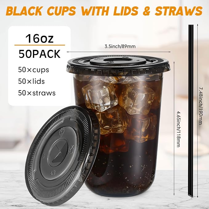 Ziliny 50 Sets Clear Round Bottom Plastic Cups with Lids and Straws, Cute Disposable Drinking Coffee Cups, for Christmas Valentine's Galentine's Day Party Wedding Birthday Supplies (16oz,Black)