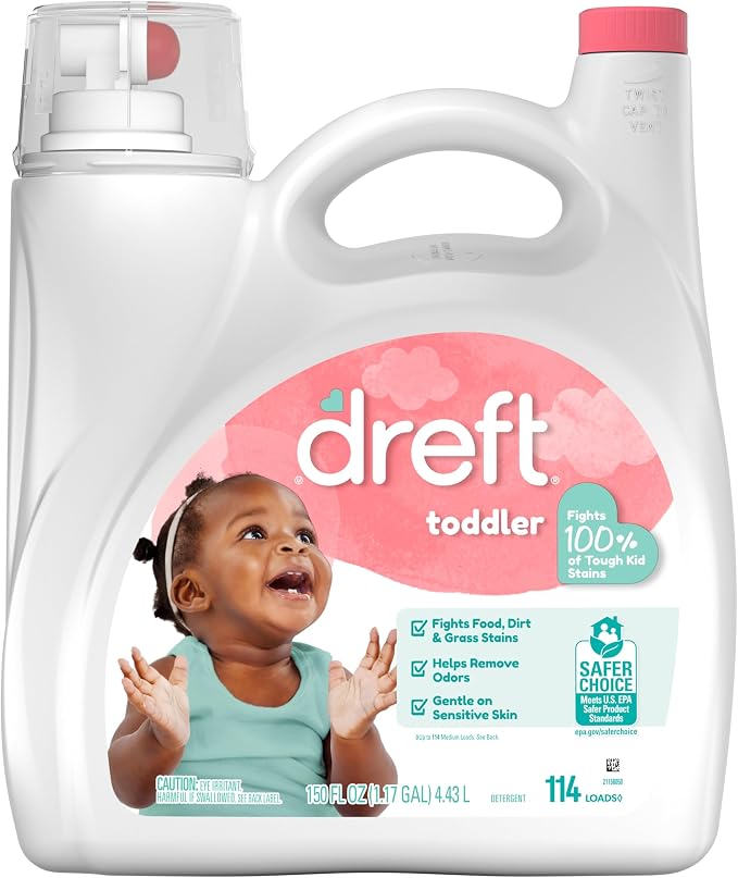 Dreft Toddler Liquid Laundry Detergent, Gentle on Sensitive Skin Laundry Soap, 150 fl oz, 114 Loads (Packaging May Vary)