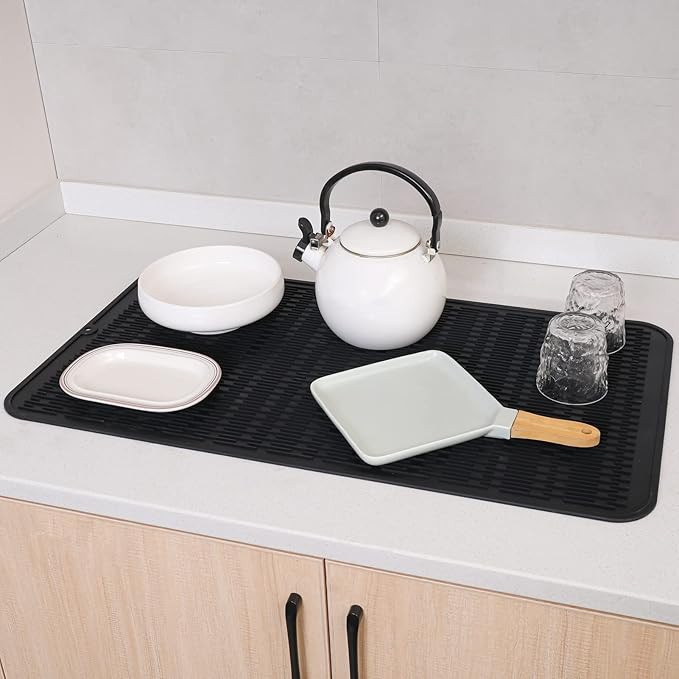 MicoYang Silicone Dish Drying Mat for Multiple Usage,Easy clean,Eco-friendly,Heat-resistant Silicone Mat for Kitchen Counter or Sink,Refrigerator or Drawer Liner Black 4XL 32 inches x 18 inches
