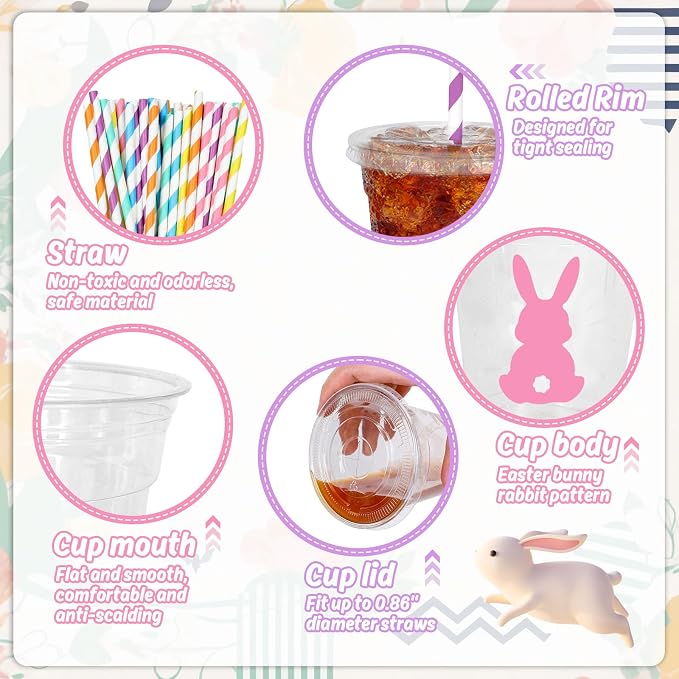 Whaline 60Pcs Easter Bunny Rabbit Disposable Plastic Cups with Lids and Straws 12oz Colorful Bunny Theme Party Cups Spring Beverage Drinking Cup for Anniversary Wedding Birthday Dinner