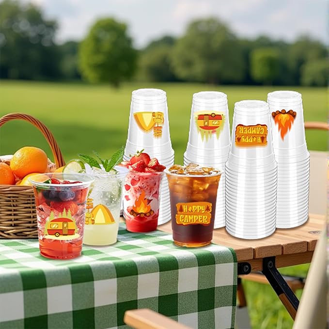 100Pcs Camping Plastic Party Cups, 12oz Camping Disposable Clear Cups for Outdoor Parties, Picnics, BBQ, Birthday, RV Trips Party Decorations (2 Styles)