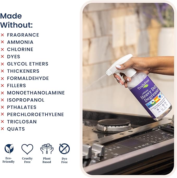Truly Free Heavy Duty Degreaser - Grease Remover & Grime Cleaner for Kitchen, Automotive & More, Household Cleaning Supplies, Fragrance-Free, Includes 16 oz Reusable Empty Bottle + Two Fills, 3 oz ea.
