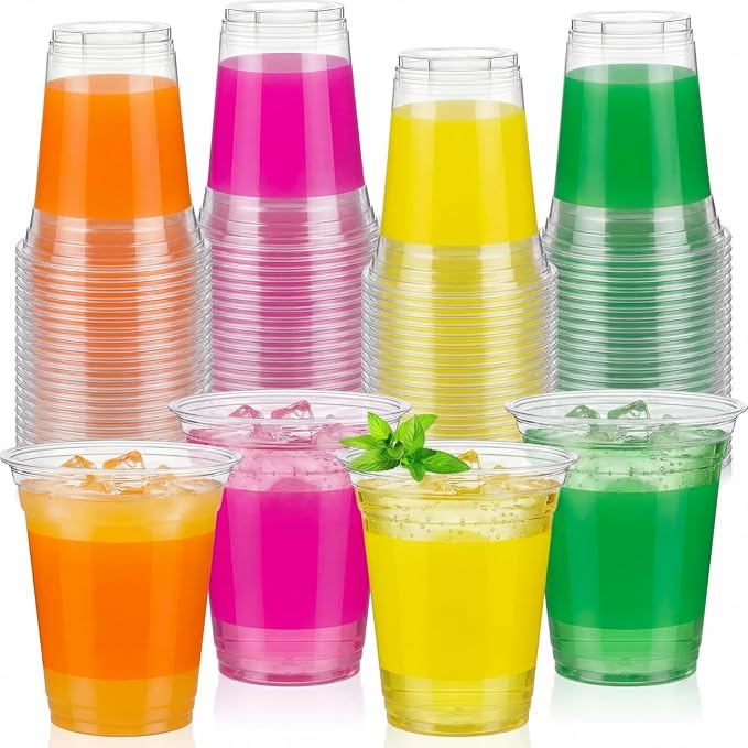 Tanlade 60 Pcs Neon Color Plastic Cups Bulk 12 oz Colored Disposable Cups Assorted Fluorescent Color Drinking Cup for Cold Drinks Birthday Holiday Party Supplies