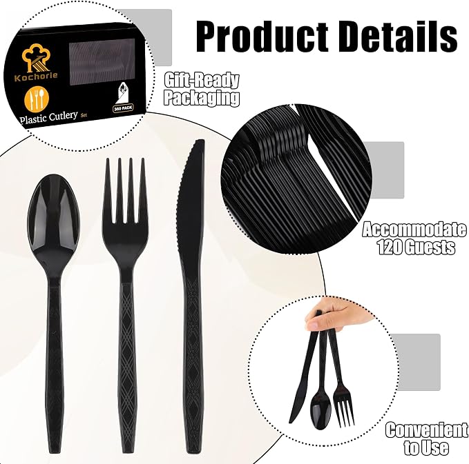 Kochorie 360 Pieces Black Plastic Cutlery Set Disposable Plastic Utensils Heavy Duty Flatware Set Includes 120 Knives 120 Forks 120 Spoons for Party Birthday