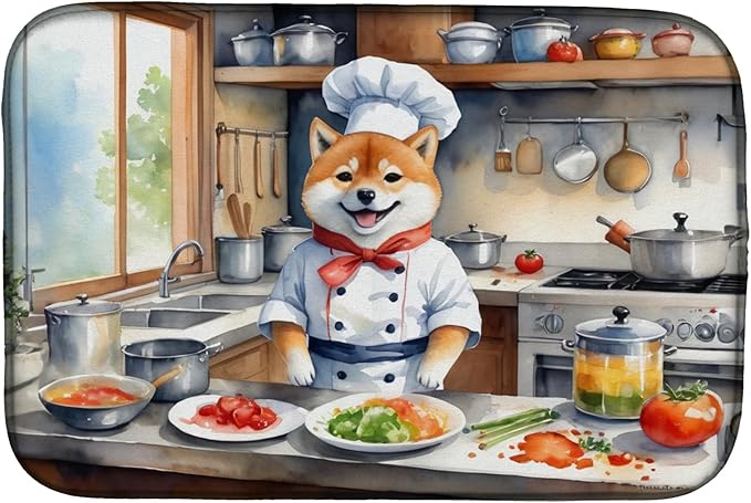 Caroline's Treasures DAC6326DDM Shiba Inu The Chef Dish Drying Mat Absorbent Dish Drying Mat Pad for Kitchen Counter Dish Drainer Mat for Countertop, 14 x 21", Multicolor