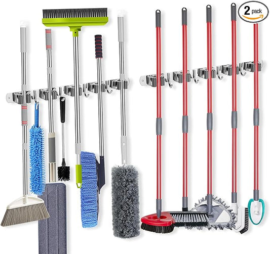 voze [2 Pack] 5 Racks and 4 Hooks Mop and Broom Holder Wall Mount, Self Adhesive Heavy Duty Broom Organizer Storage Tool Racks for Kitchen Garden Laundry Garage, 304 Stainless Steel, Silver