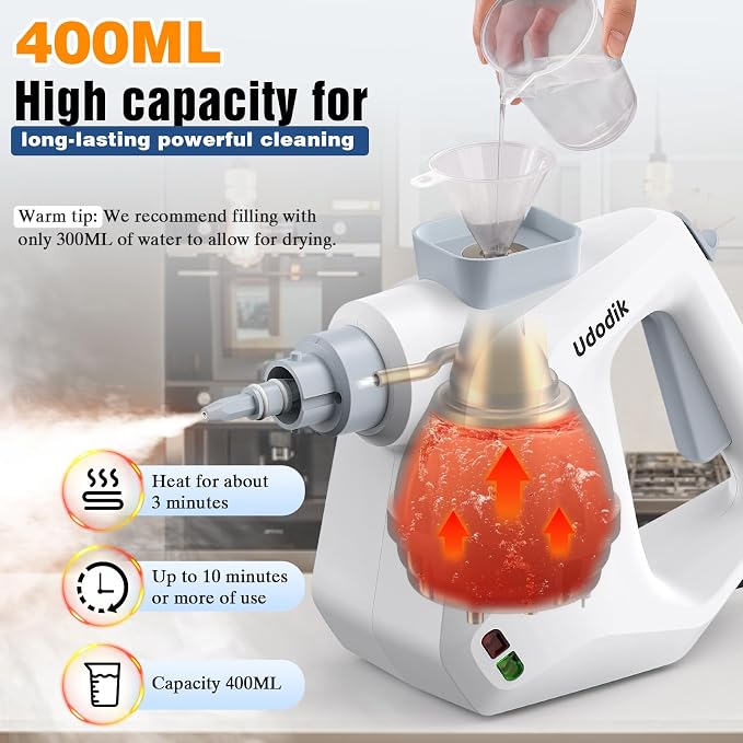 Handheld Steam Cleaner, versatile and portable design, comes with a safety lock and a 10-piece accessory set to easily remove dirt and grease (white).