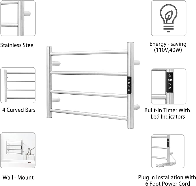 KEG Smart WiFi Towel Warmer Wall Mounted with Built-in Timer and Temperature Adjust Control, 4 Bars Electric Stainless Steel Heated Towel Racks for Bathroom Polish Chrome