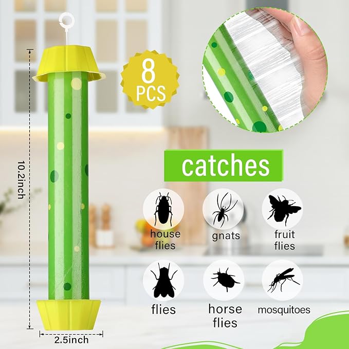 Qualirey 8 Pcs Sticky Fly Trap Fly Stick with Hanging Hook Adhesive Mosquito Catcher for Indoor Outdoor Trap Houseflies and Flying Insects Bee Wasp Moth Fly, 10.2 x 2.5 Inch