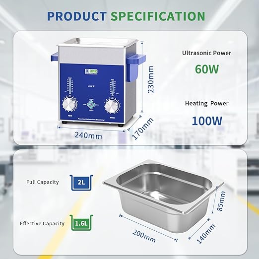 DK SONIC Industrial Ultrasonic Cleaner 2L,60W Commercial Ultrasonic Jewelry Cleaner with Encoded Timer, Heater& Basket, Multi-Application for Jewelry, Glasses, Chains, Watches