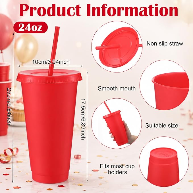Honeydak 60 Pack Tumbler with Straw and Lid Bulk Cups for Gifts Water Bottle Iced Coffee Travel Mug Cup Reusable Plastic Tumblers for Party Birthdays 24-27 oz (Red Color)