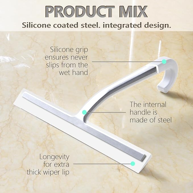 Hower Squeegee for Glass Doors – 10" Silicone Squeegee with Built-in Hook, One-Piece Seamless Design, Streak-Free & No-Scratch Window Cleaner for Bathroom, Mirrors & Tiles White