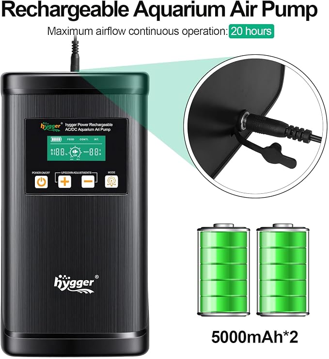 hygger Battery Backup Aquarium Air Pump, Rechargeable Dual-Outlet Fish Tank Oxygen Pump, Quiet Portable Aerator for Outdoor Aquarium (up to 120 Gal) & Fishing, Emergency Power Outage