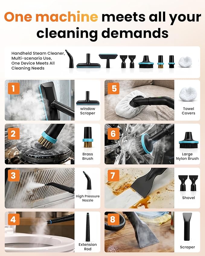 Steam Cleaner for Home & Car – Handheld Steamer for Cleaning with 2500W High Temperature, 3 Modes, 12 Accessories & 1.8L Large Tank, Portable Steam Cleaner for Couch, Grease, Kitchen, Bathroom, Car