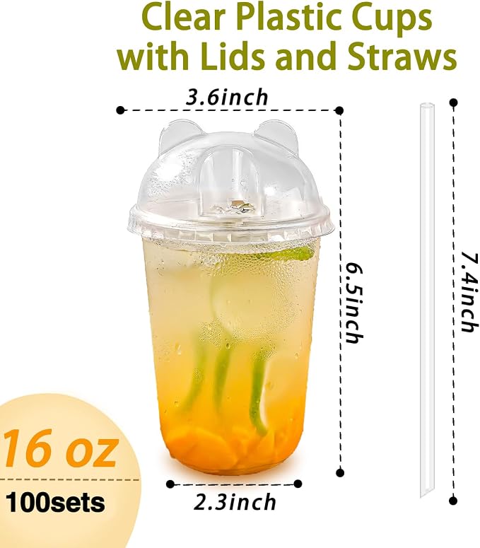 Qsqwsuye 16oz 100 Set Disposable Plastic Cups with Dome Lids and Straws, Clear Iced Coffee Cups with lids, Round Bottom Plastic Cup for Milkshakes Juice Beverages Holiday Party Outdoor Picnic Supplies