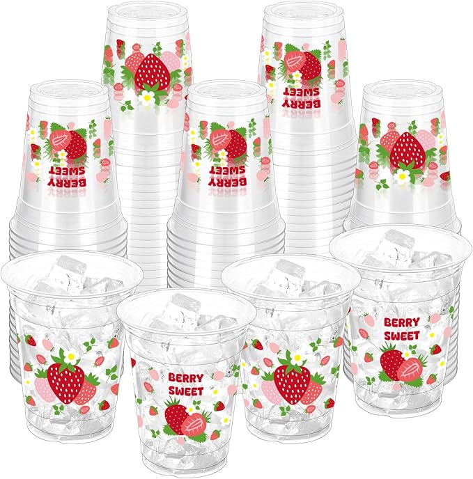 100 Pcs Strawberry Plastic Cups, 12 oz Disposable Cups Pink Clear Strawberry Party Drinking Cups for Summer Spring Party Birthday Baby Shower Supplies