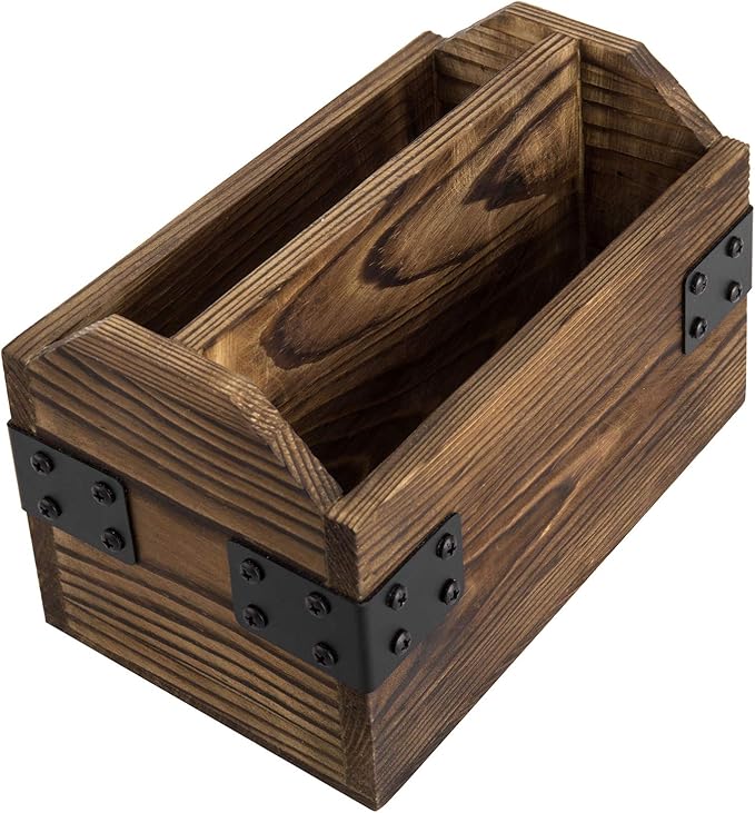 MyGift Wood TV Remote Control Holder, Remote Organizer Storage Caddy for Table with 2 Compartments and Decorative Black Metal Wrap Accents, Rustic Burnt