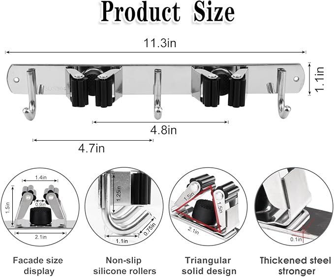 2 Racks and 3 Hooks & Black 5 Racks and 4 Hooks Broom and Mop Holder Wall Mounted Garage Organizer Storage Tool Racks Stainless Steel Heavy Duty Hooks Self Adhesive Solid Non-slip Wall Hangers